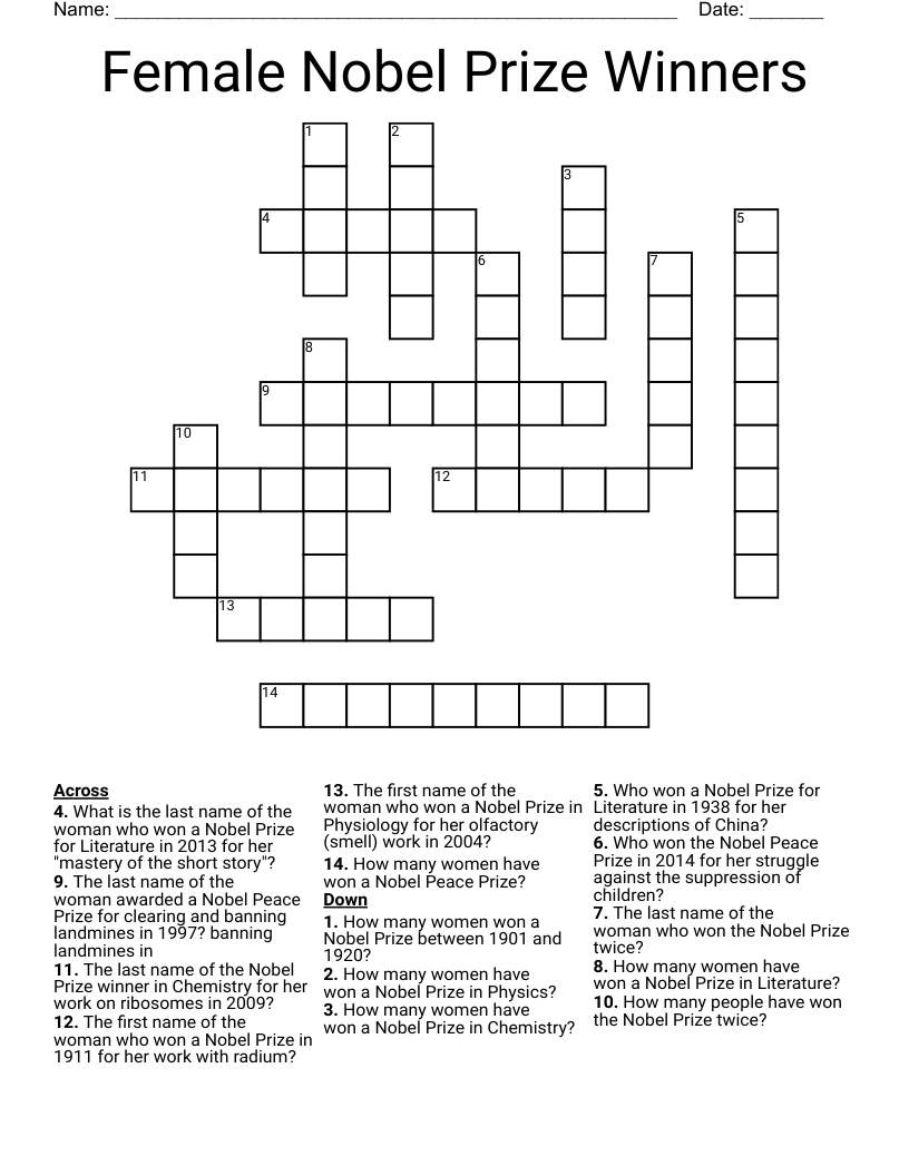 Female Nobel Prize Winners  Crossword