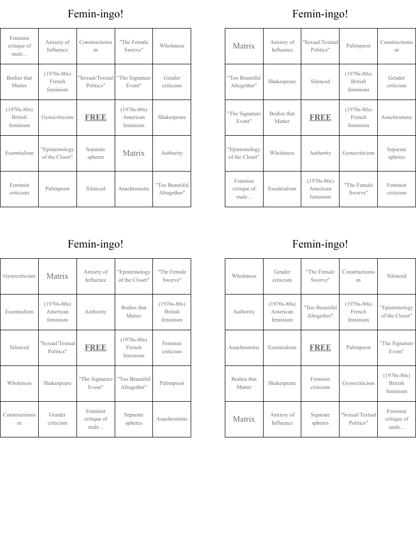 Femin-ingo! Bingo Cards
