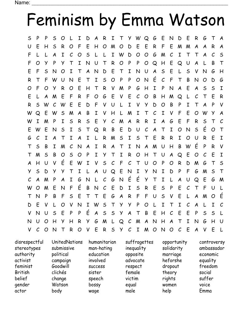 Feminism by Emma Watson Word Search