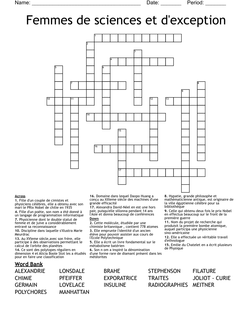 Femmes de sciences et d'exception Crossword