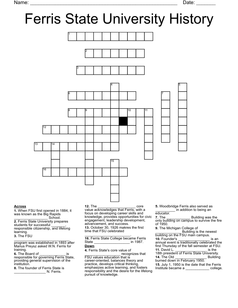 Ferris State University History Crossword