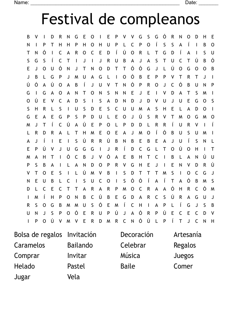 Festival de compleanos Word Search