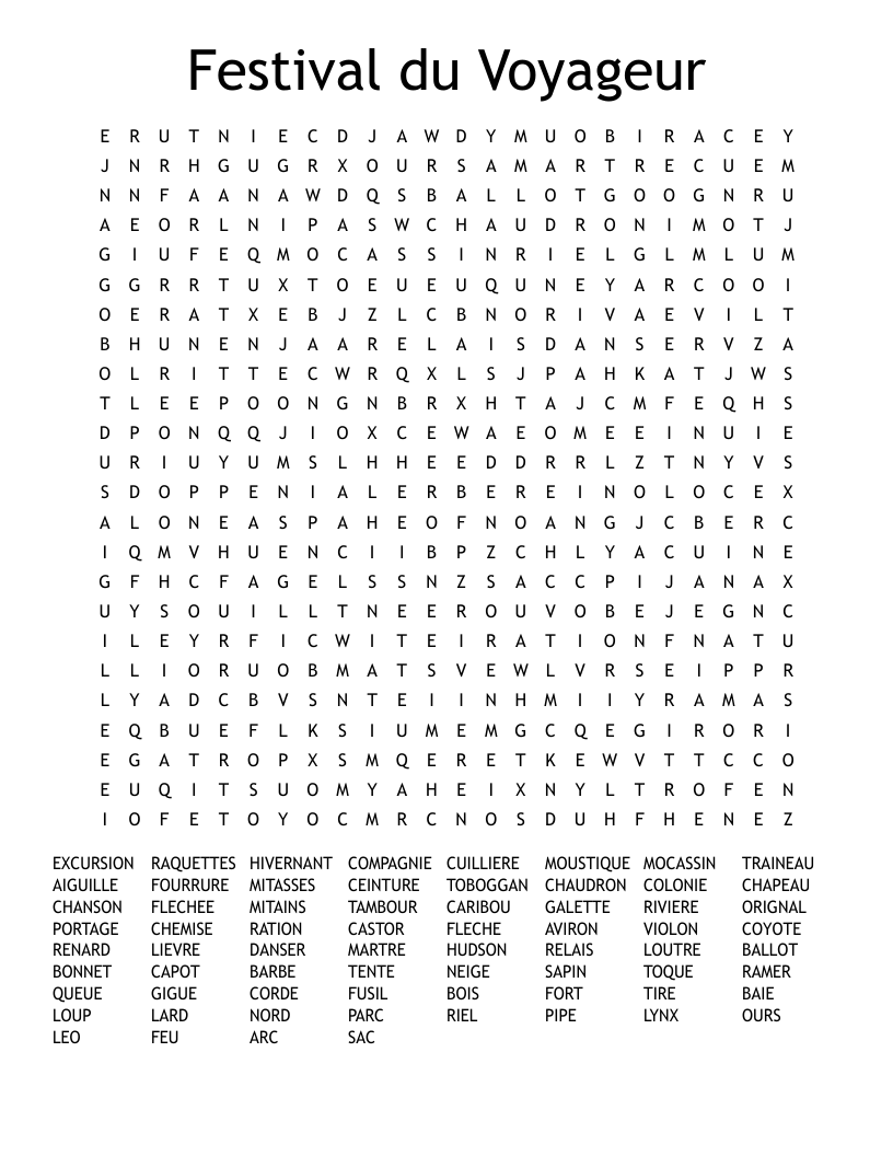 Festival du Voyageur Word Search