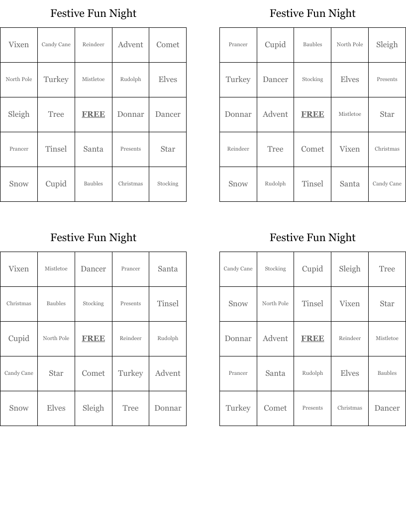 Festive Fun Night Bingo Cards