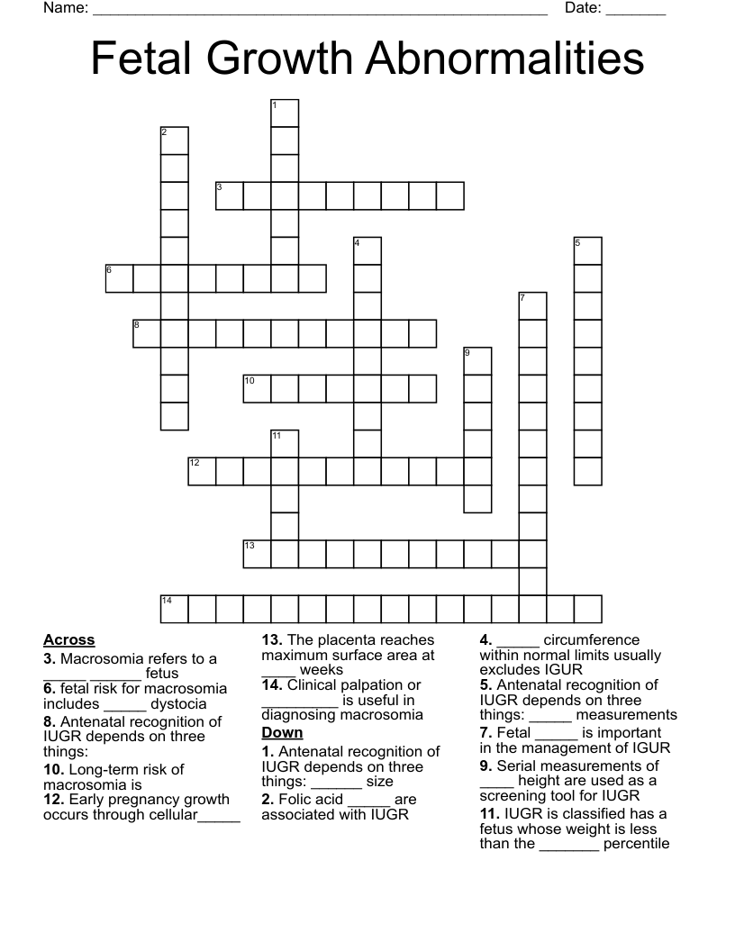 Fetal Growth Abnormalities Crossword