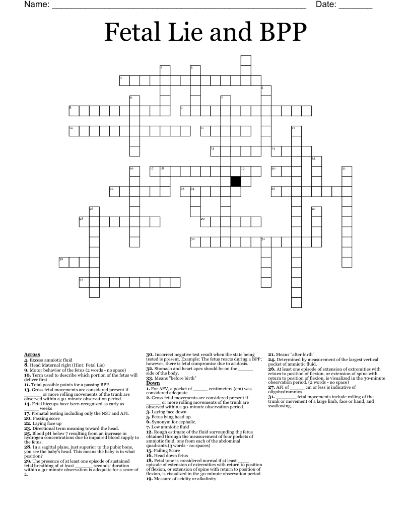 Fetal Lie and BPP Crossword