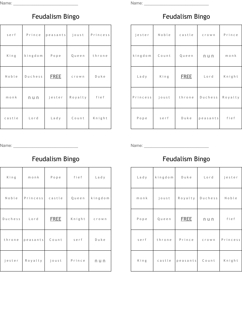 Feudalism Bingo