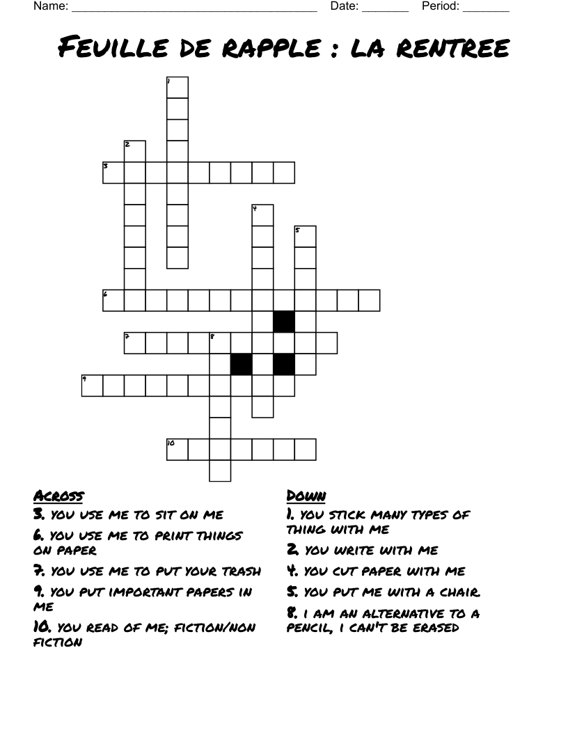 Feuille de rapple : la rentree Crossword