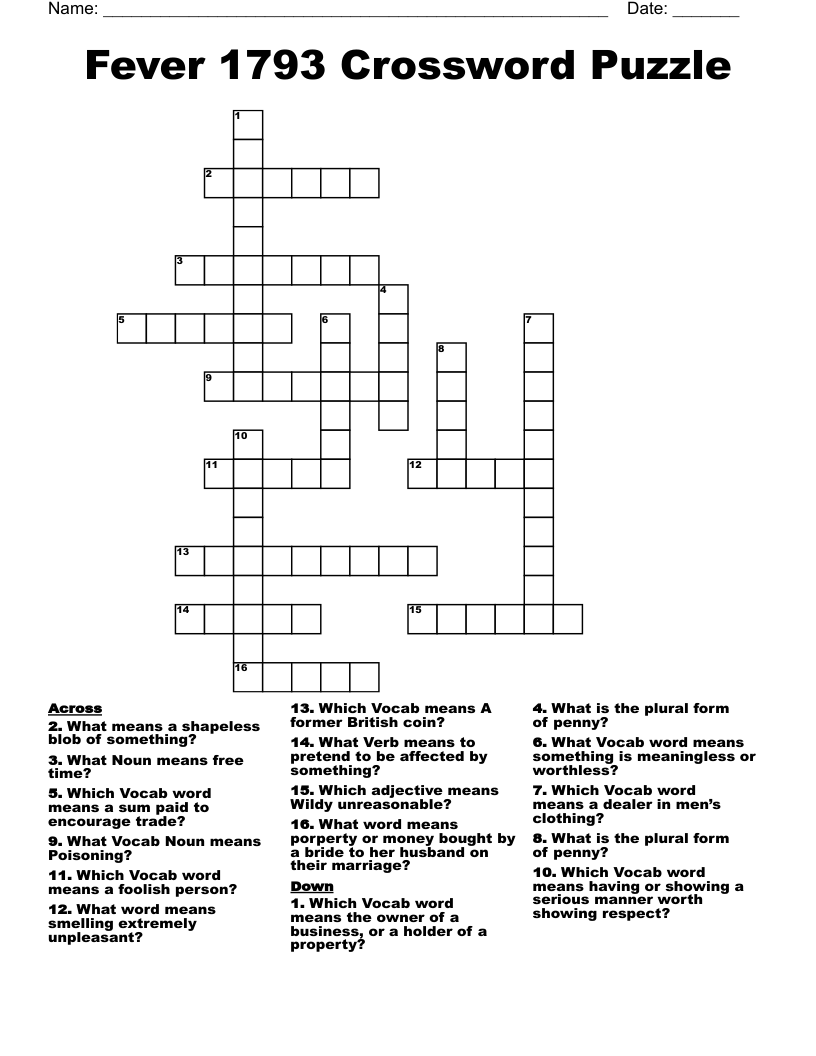Fever 1793 Crossword Puzzle