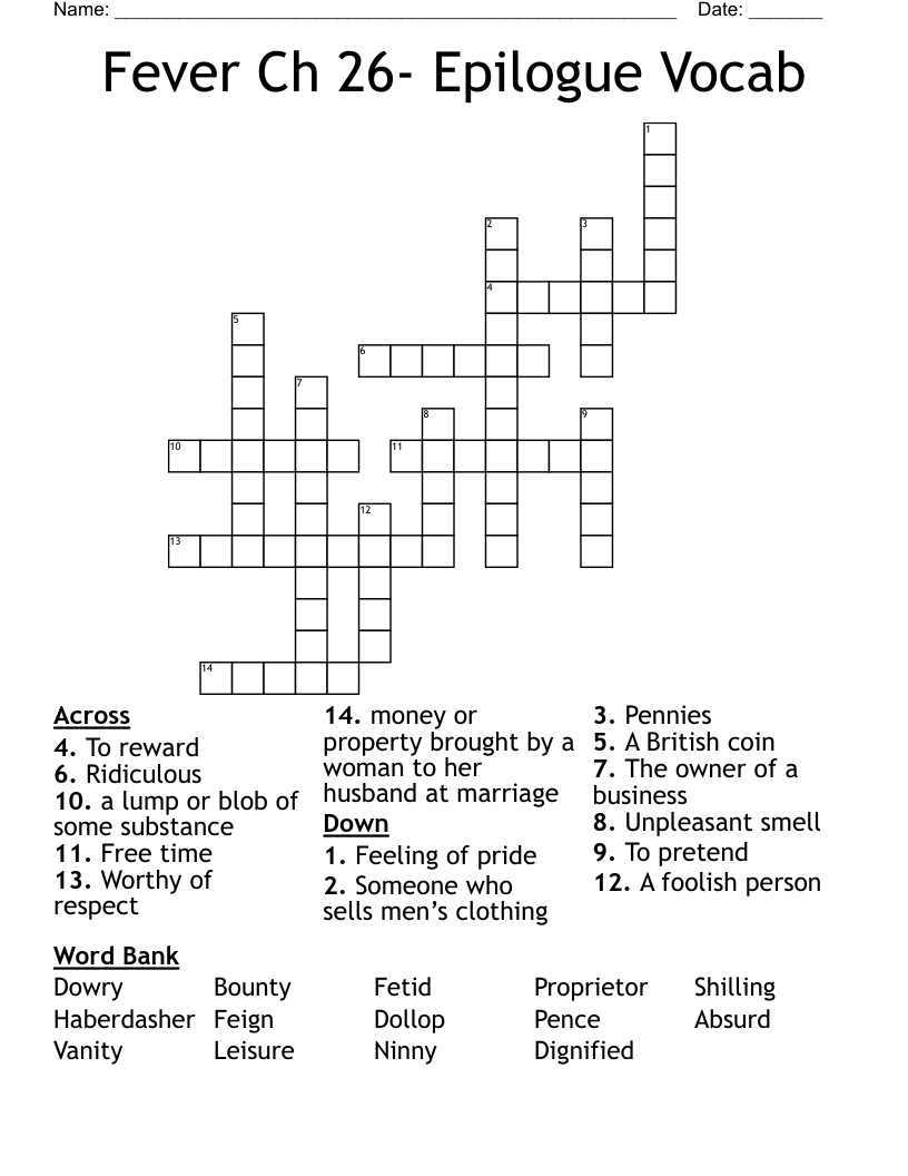 Fever Ch 26- Epilogue Vocab  Crossword