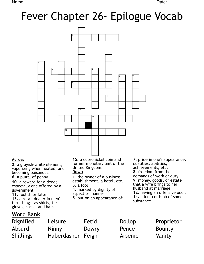 Fever Chapter 26- Epilogue Vocab Crossword