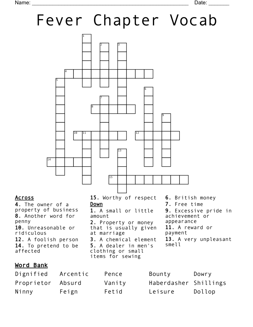 Fever Chapter Vocab Crossword