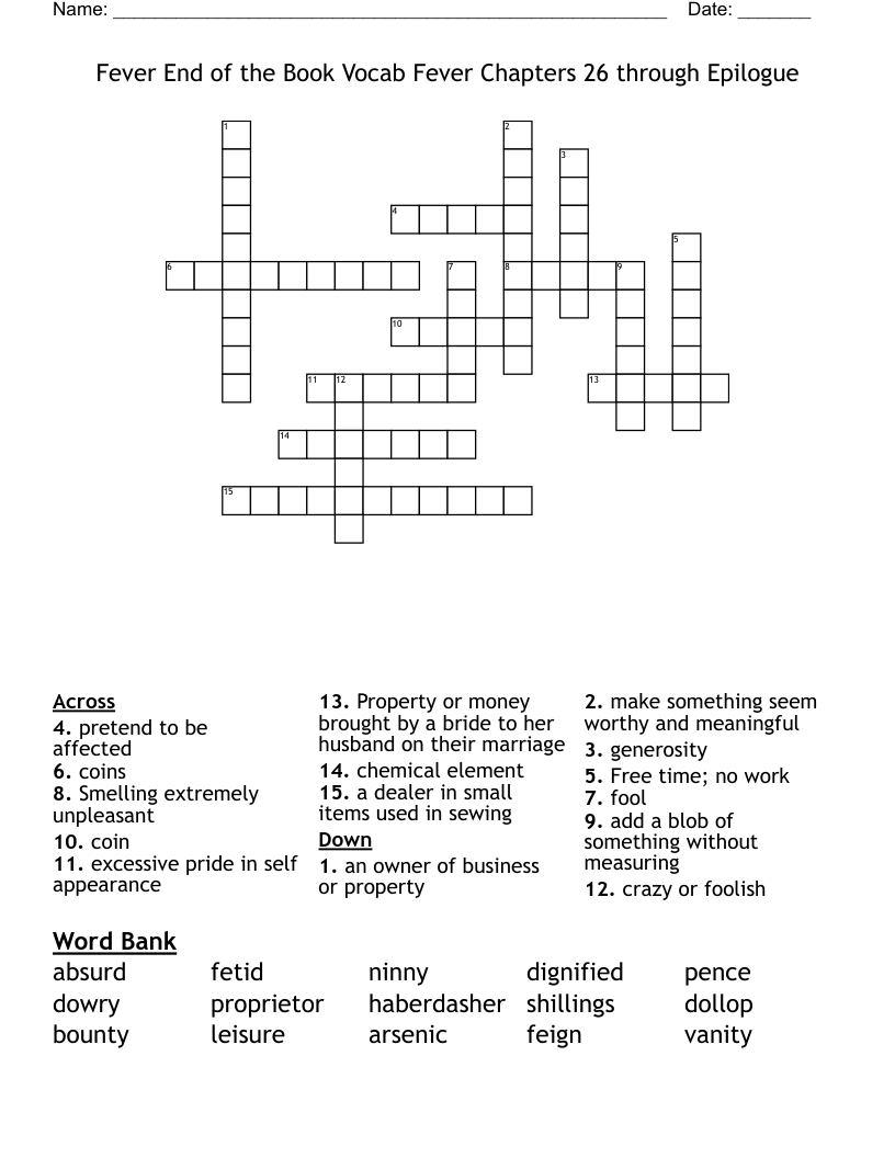 Fever End of the Book Vocab Fever Chapters 26 through Epilogue  Crossword