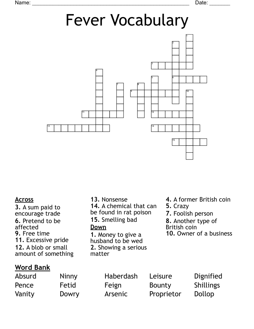 Fever Vocabulary Crossword