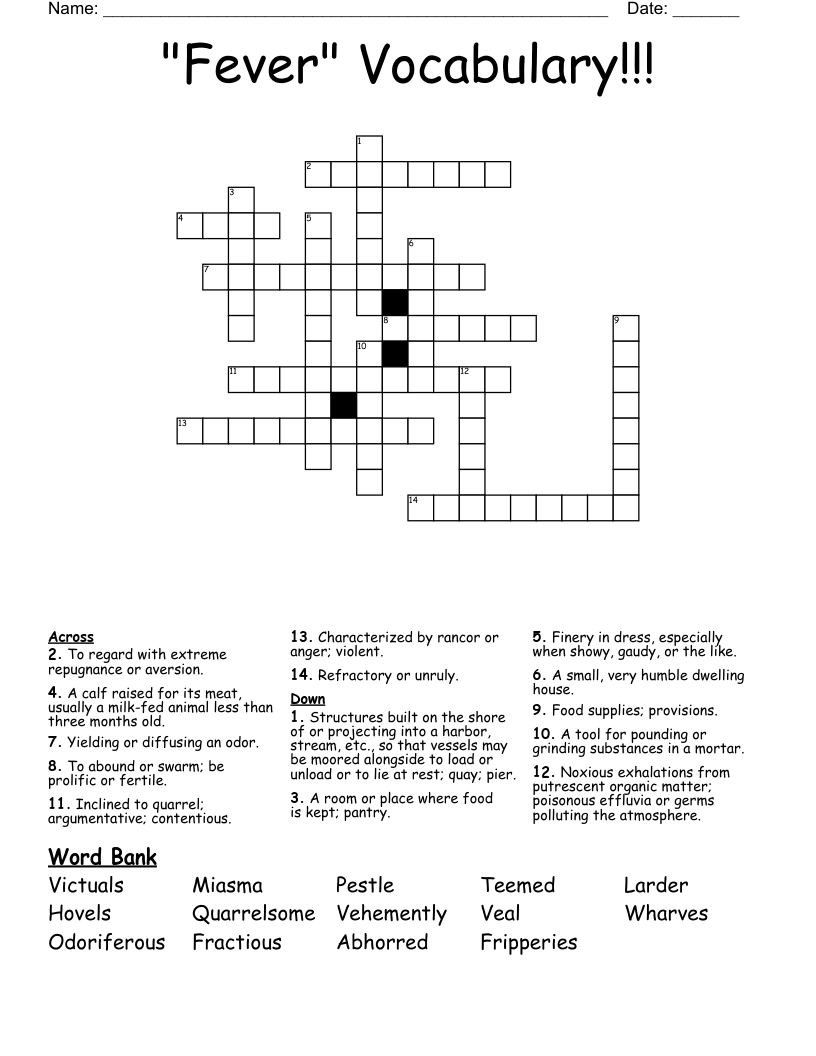 "Fever" Vocabulary!!! Crossword
