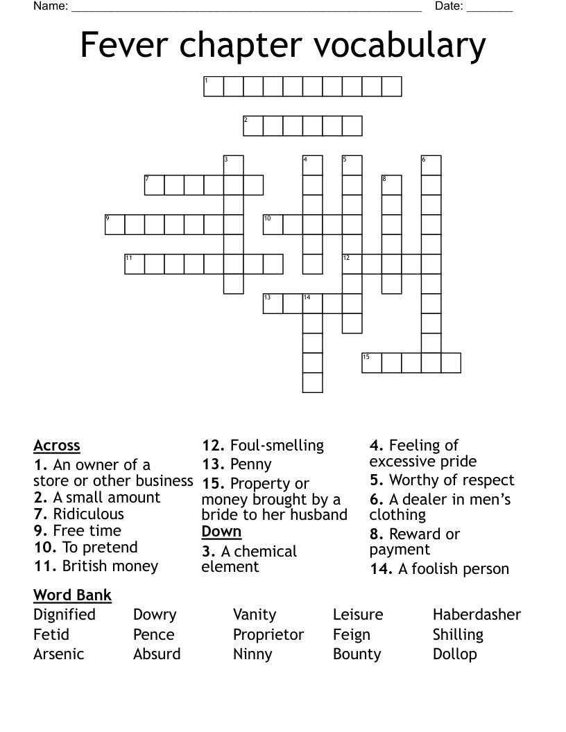 Fever chapter vocabulary  Crossword