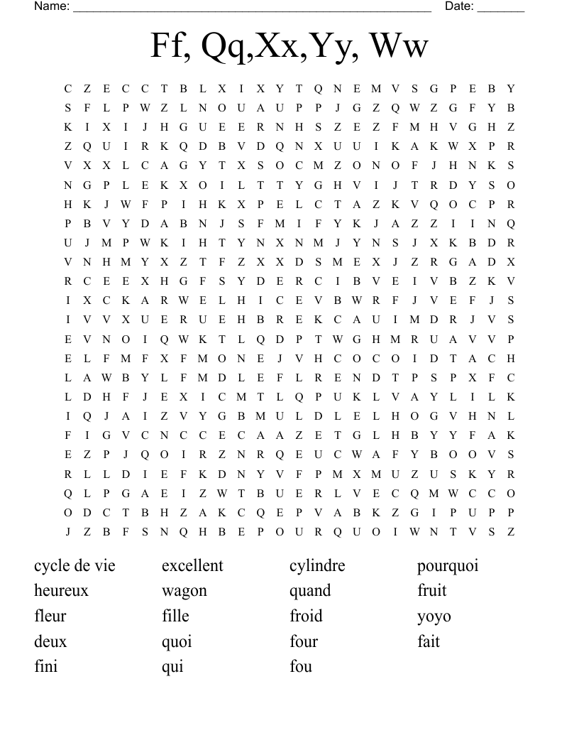 Ff, Qq,Xx,Yy, Ww Word Search