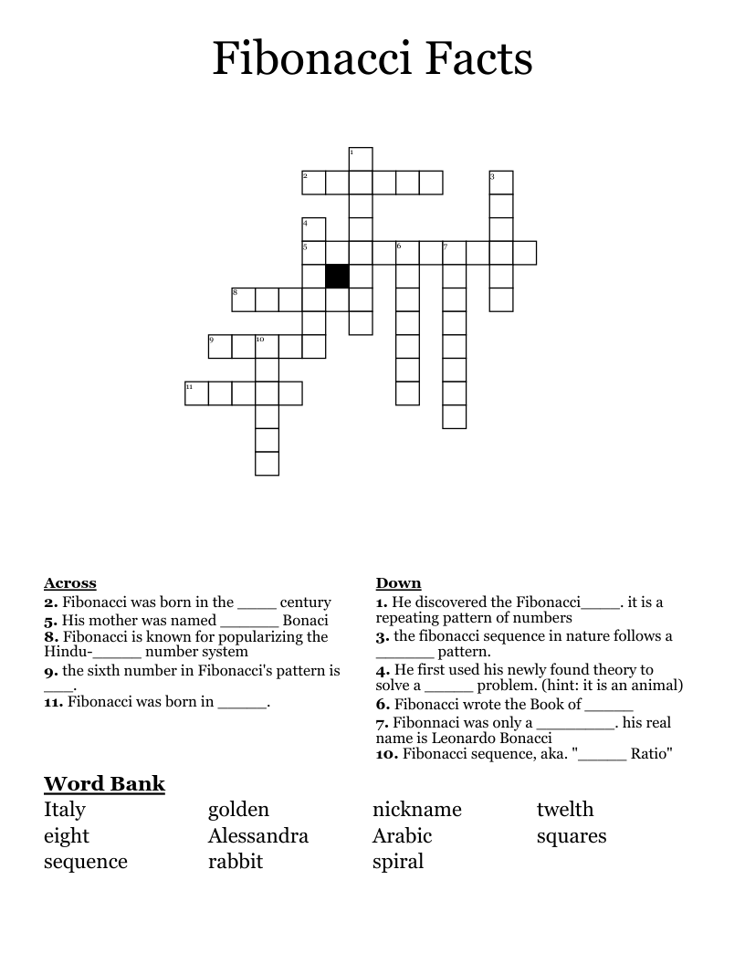 Fibonacci Facts Crossword
