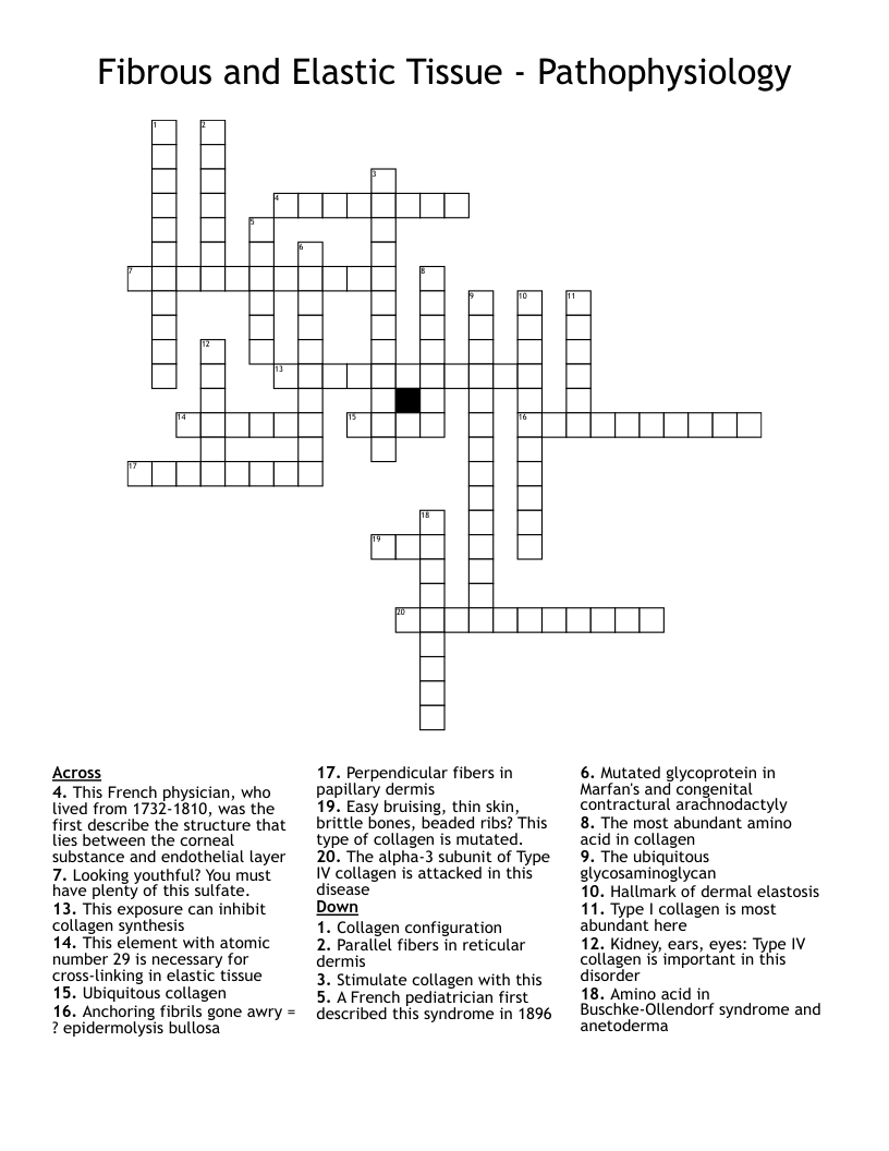 Fibrous and Elastic Tissue - Pathophysiology  Crossword