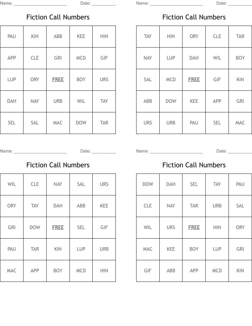 Fiction Call Numbers Bingo Cards