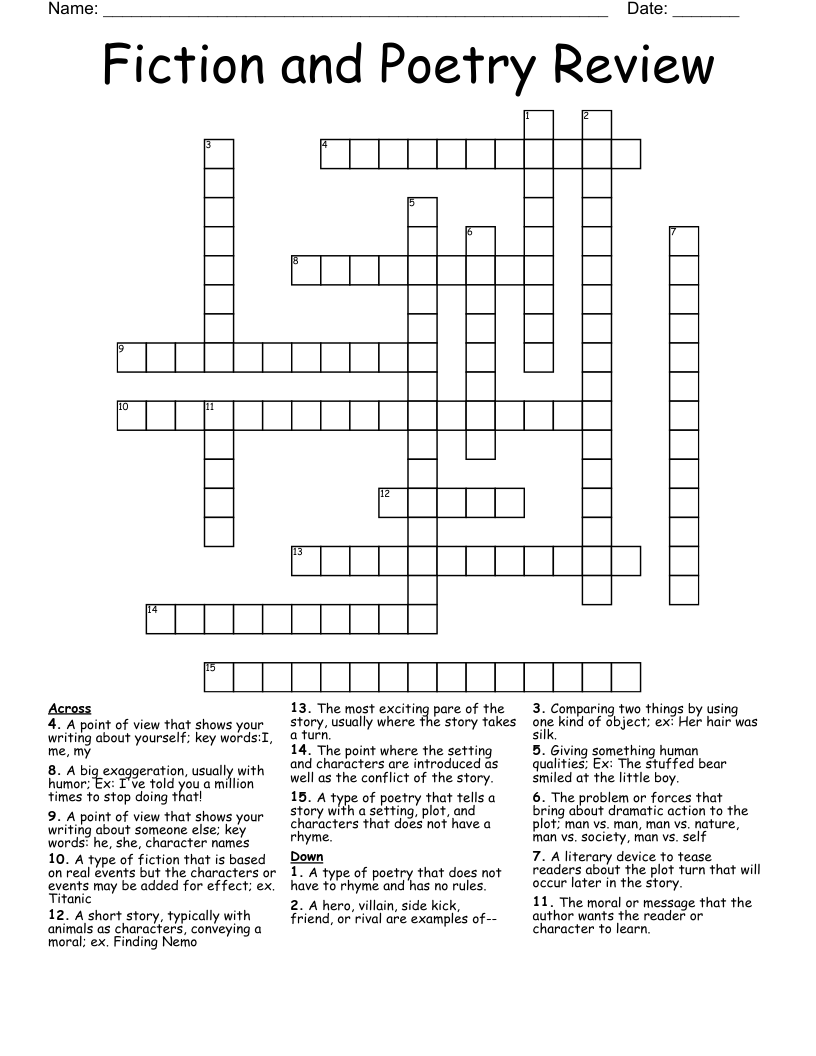 Fiction and Poetry Review Crossword