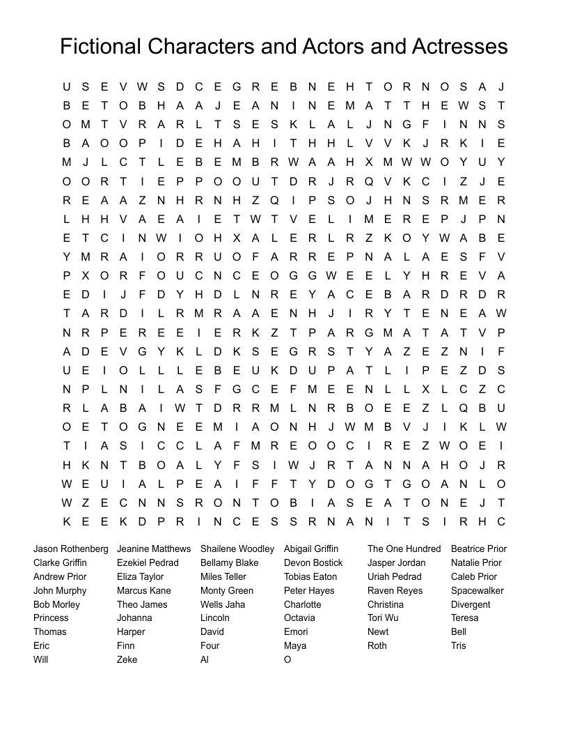 Fictional Characters and Actors and Actresses Word Search