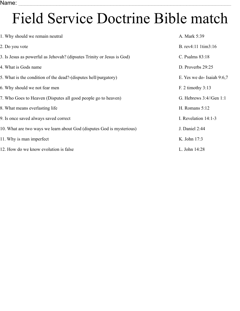 Field Service Doctrine Bible match Worksheet
