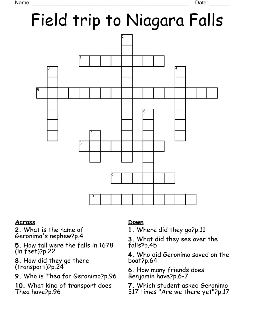 Field trip to Niagara Falls Crossword