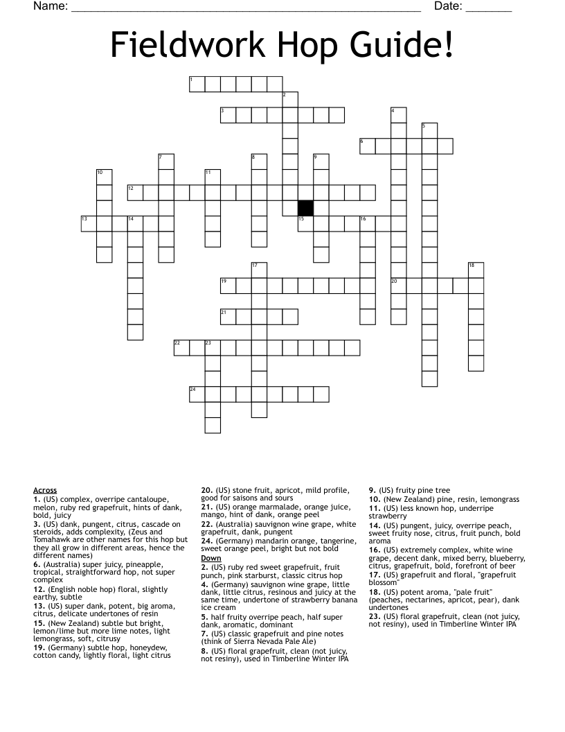 Fieldwork Hop Guide! Crossword