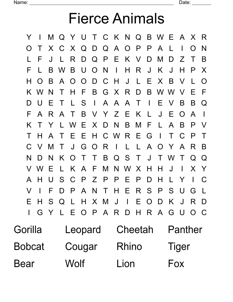 Fierce Animals Word Search
