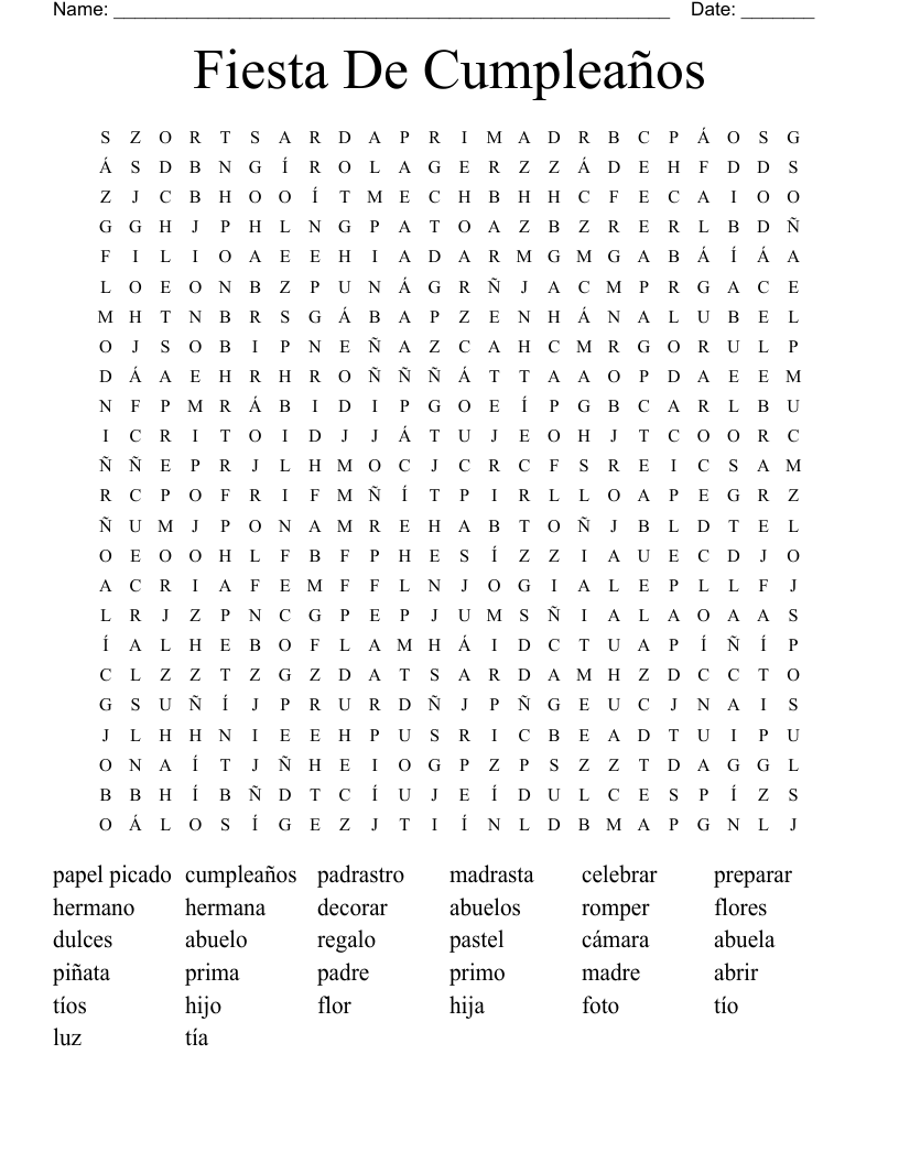 Fiesta De Cumpleaños Word Search