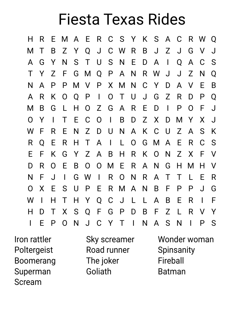 Fiesta Texas Rides Word Search
