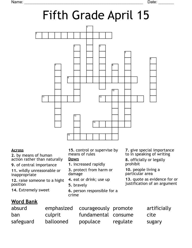 Fifth Grade April 15 Crossword