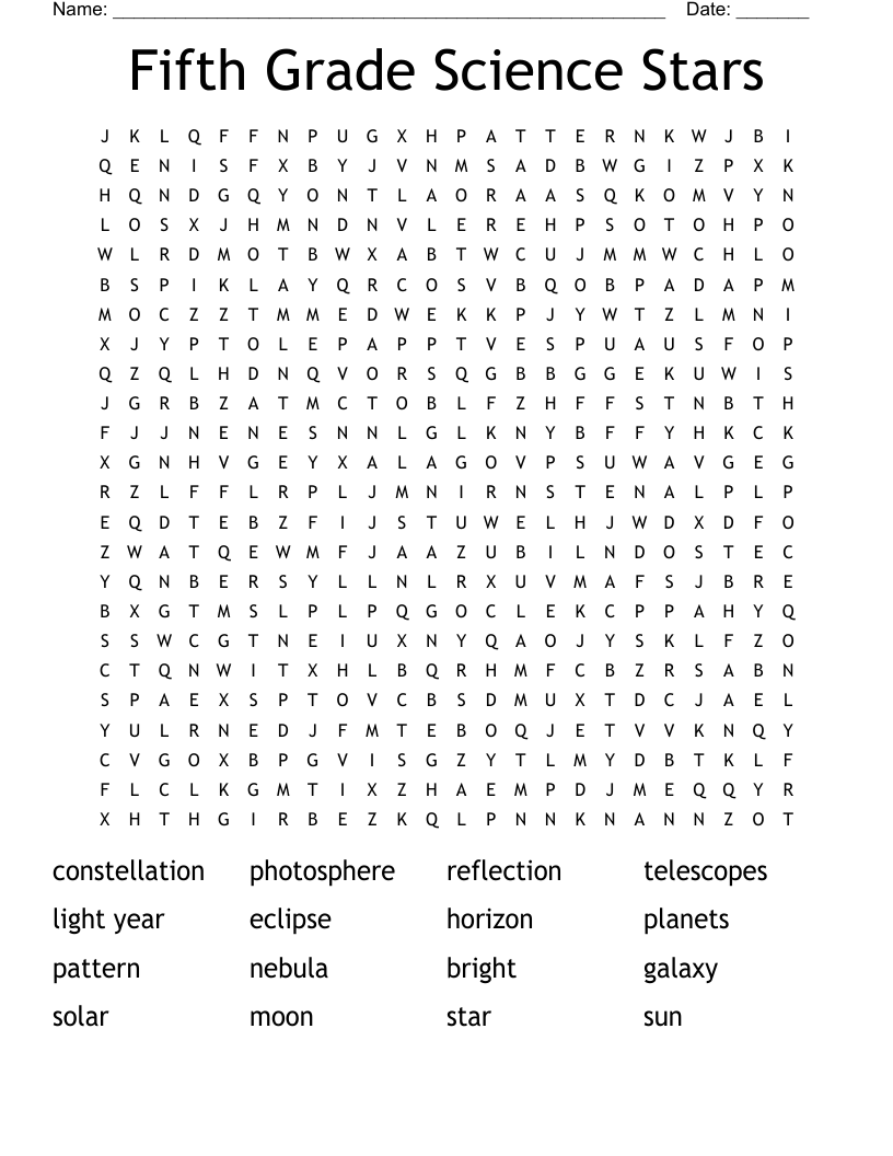 Fifth Grade Science Stars Word Search