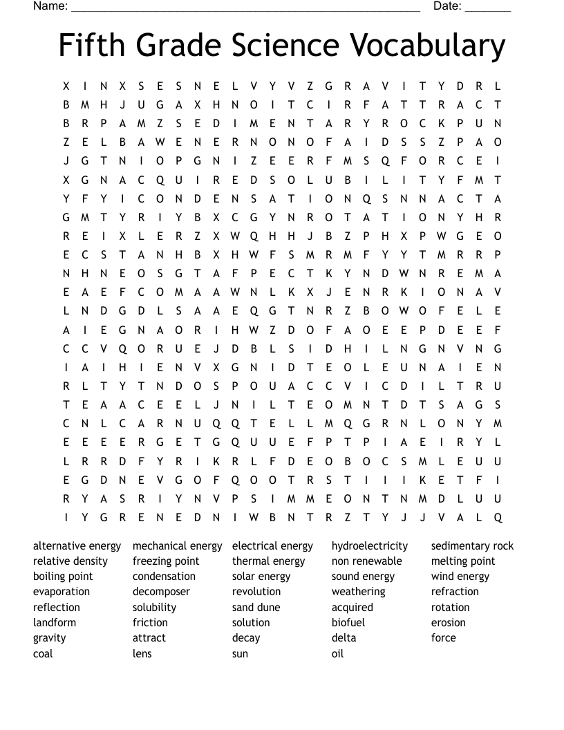 Fifth Grade Science Vocabulary Word Search