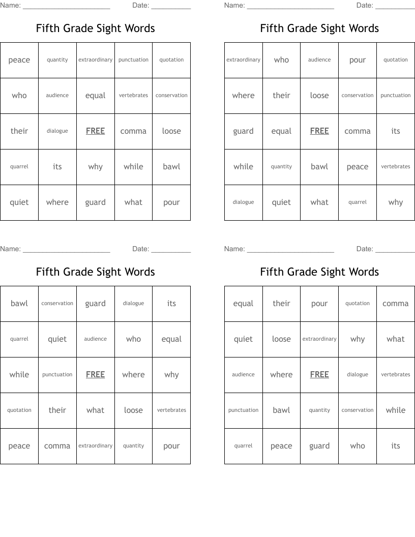 Fifth Grade Sight Words Bingo Cards