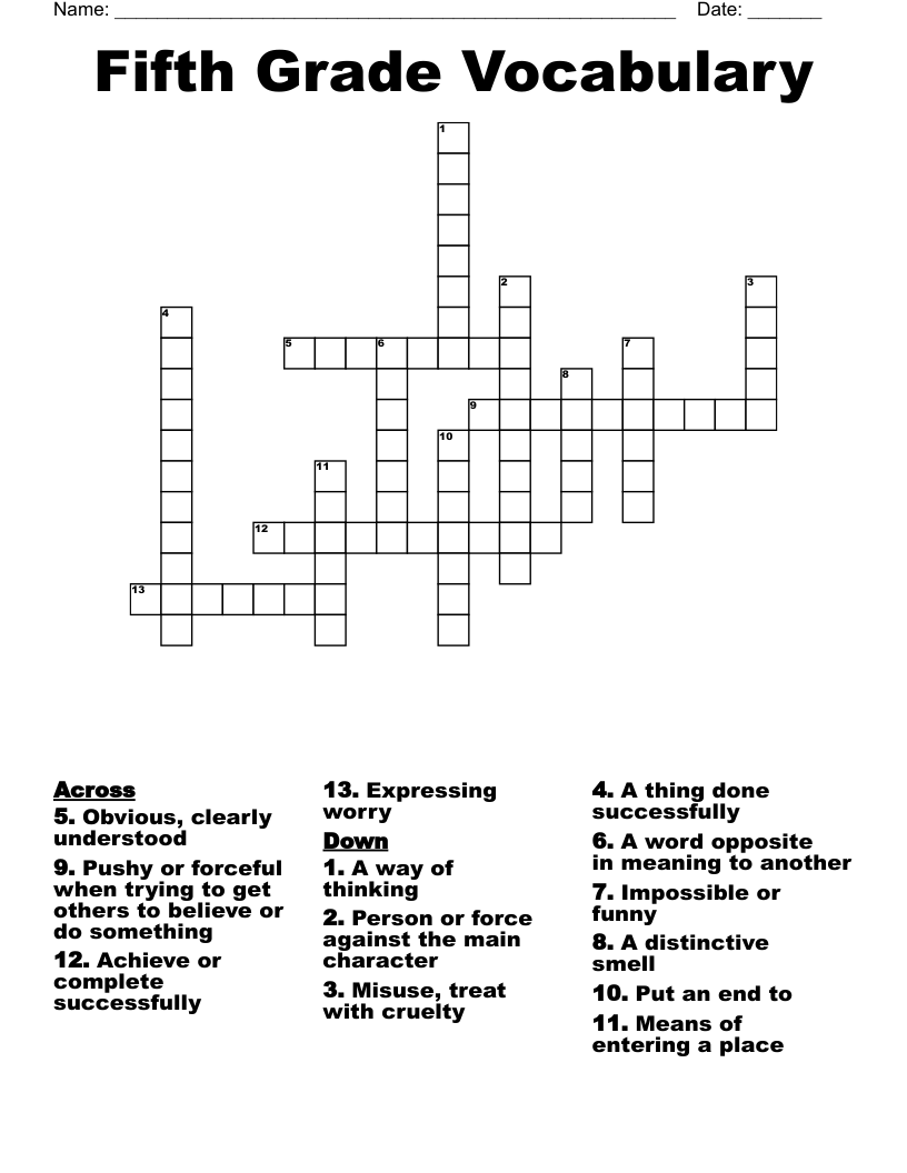 Fifth Grade Vocabulary Crossword