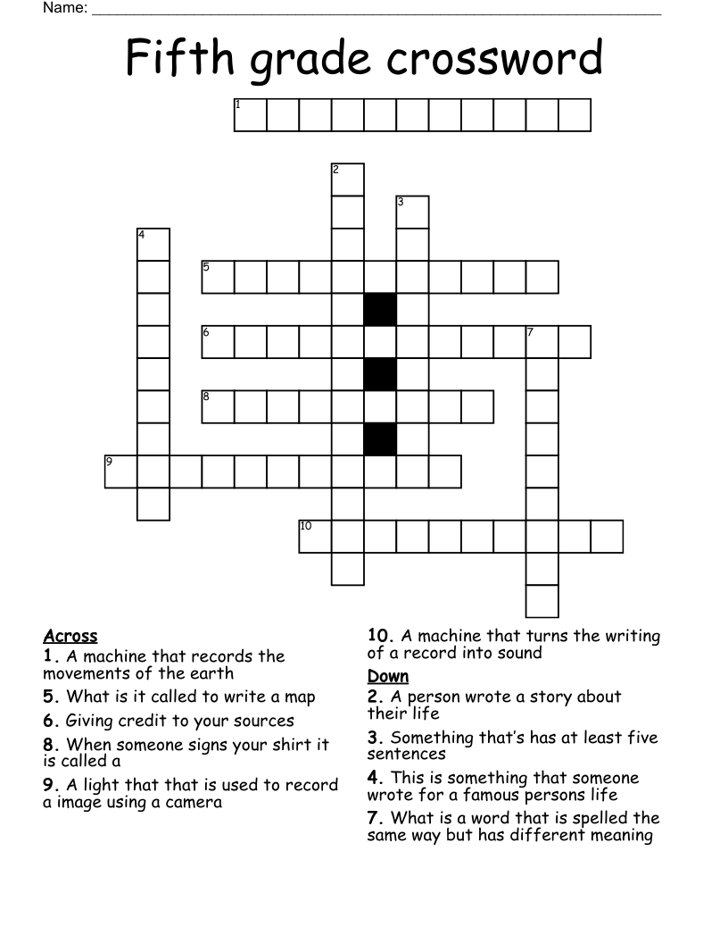 Fifth grade crossword