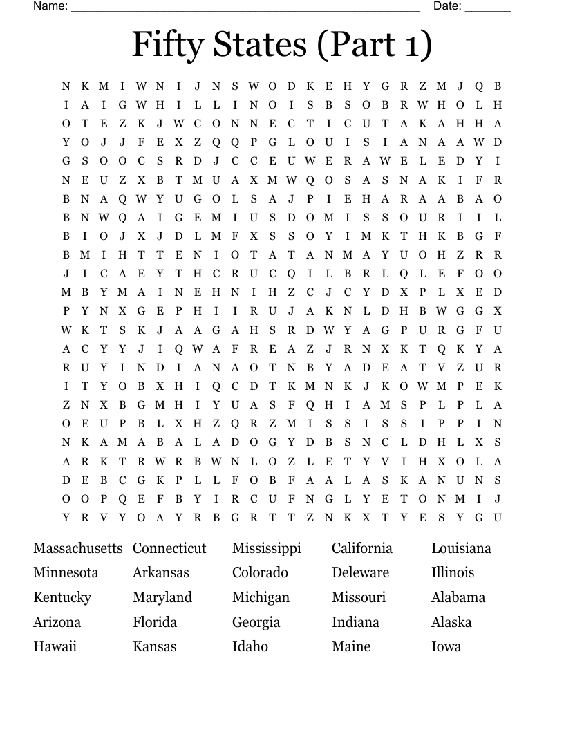 Fifty States (Part 1) Word Search