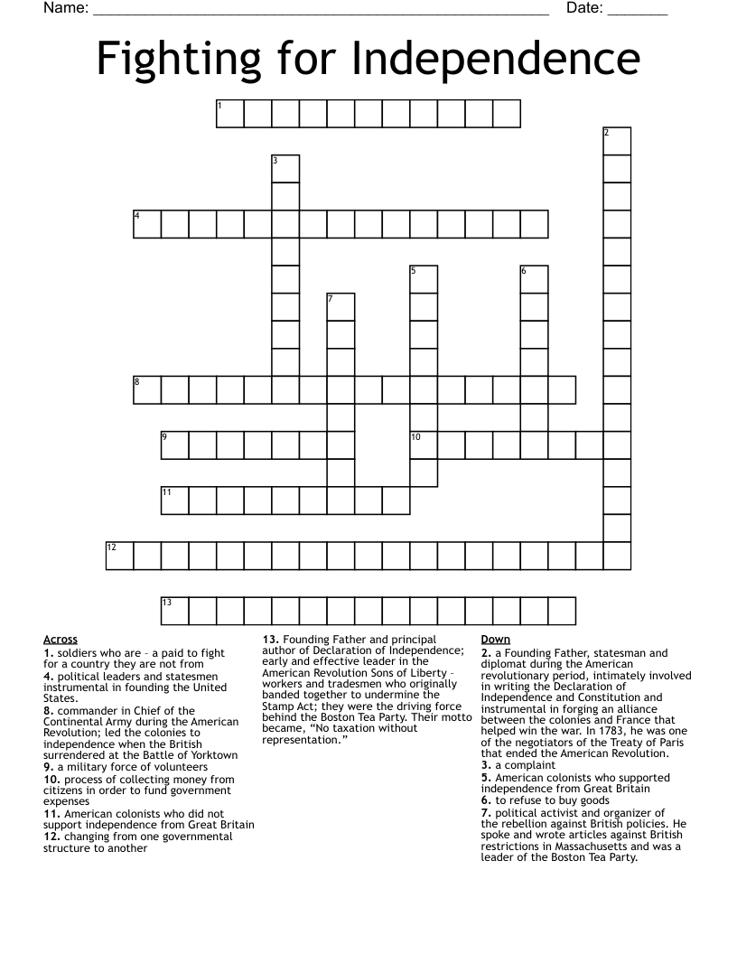 Fighting for Independence Crossword