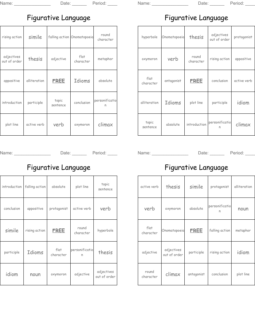 Figurative Language Bingo Cards