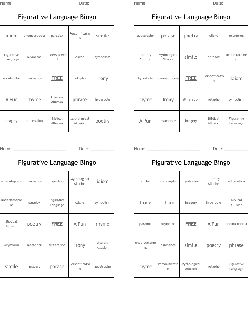 Figurative Language Bingo