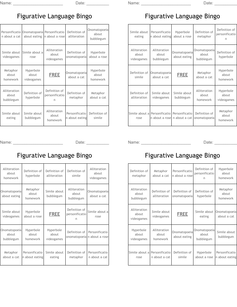 Figurative Language Bingo