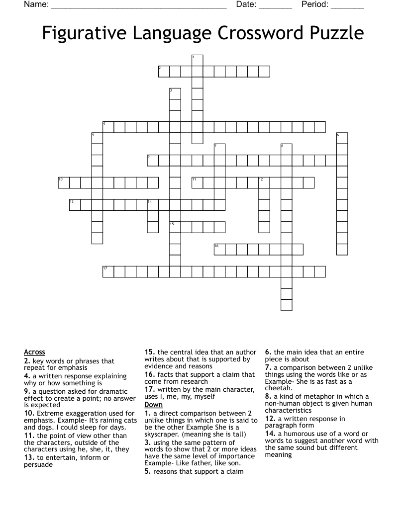 Figurative Language Crossword Puzzle