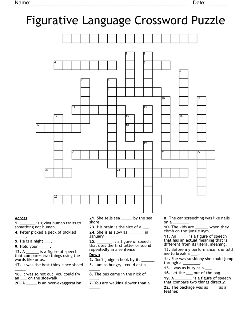Figurative Language Crossword Puzzle