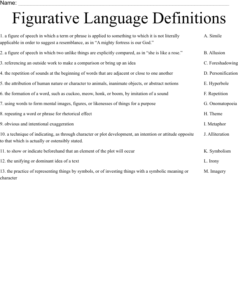 Figurative Language Definitions Worksheet