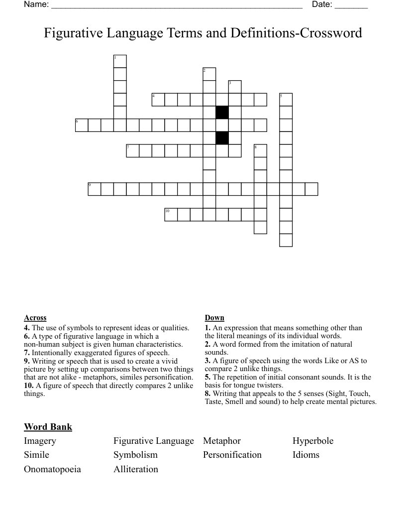 Figurative Language Terms and Definitions-Crossword 