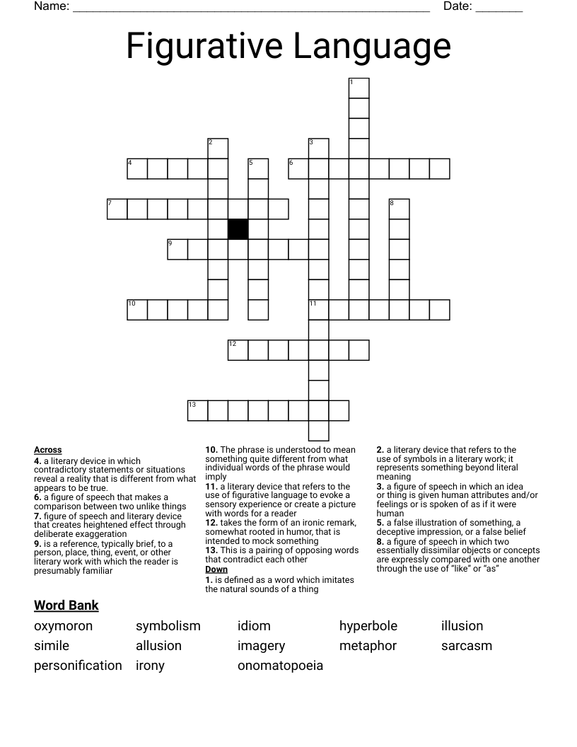 Figurative Language  Crossword