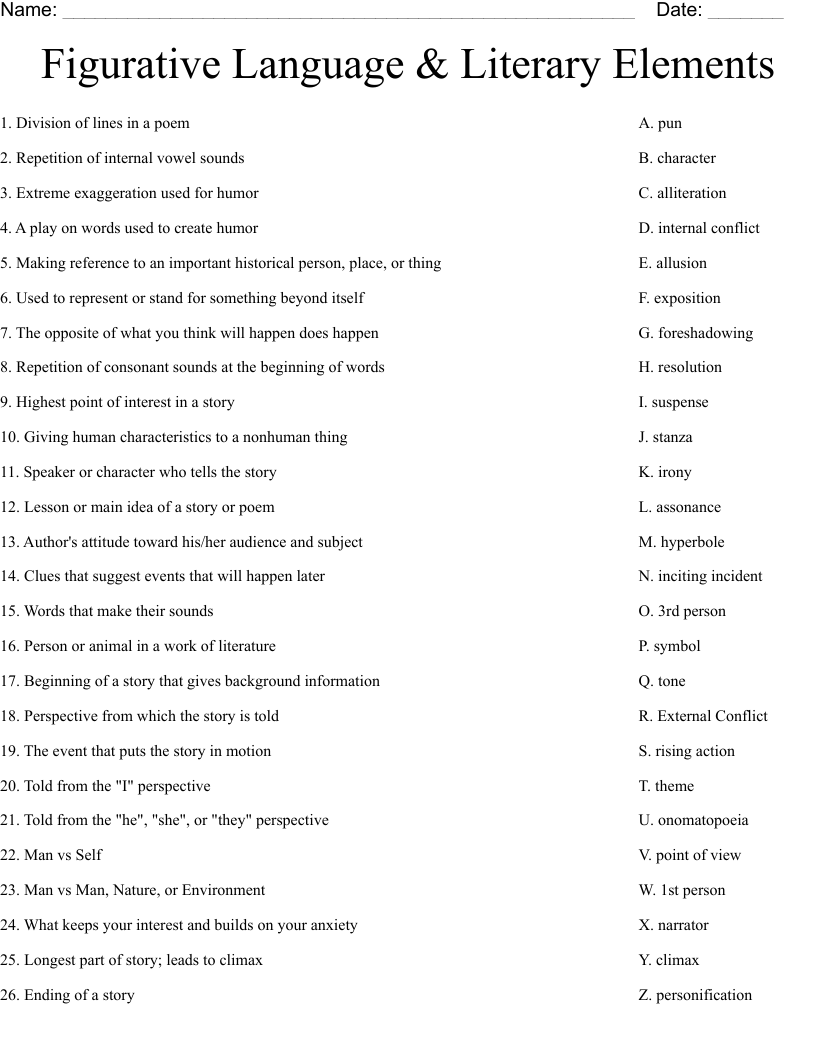 Figurative Language & Literary Elements Worksheet