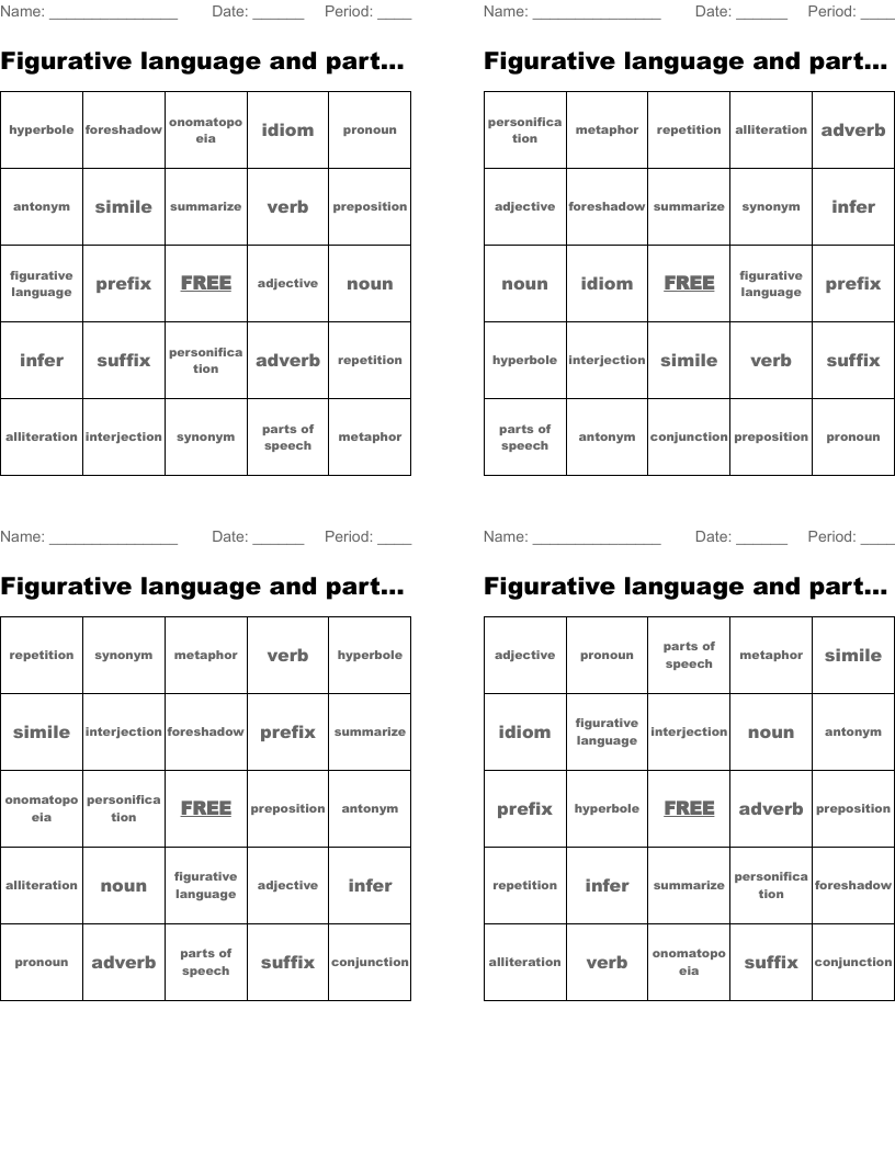 Figurative language and parts of speech Bingo Cards